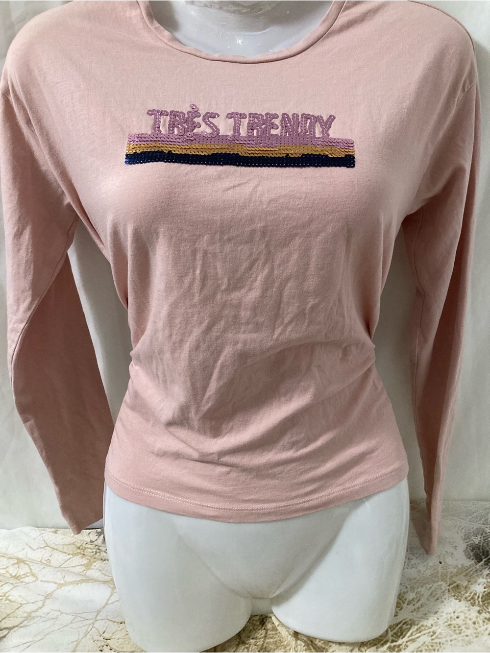 Bluemind Pink Long Sleeve Graphic Top “Très Trendy” Sequin Detail Size 14